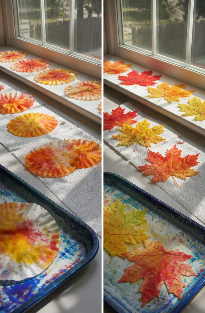 Coffee filters colored with markers, prepared for leaf shapes.