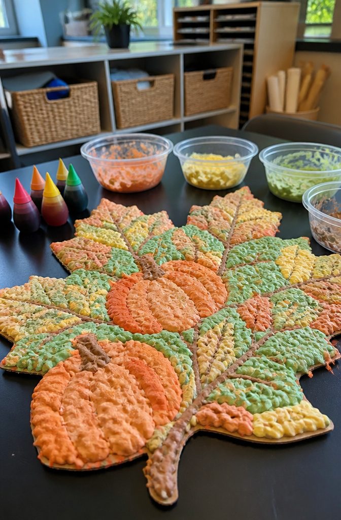Autumn-themed cutout covered in puffy paint on a cluttered table.
