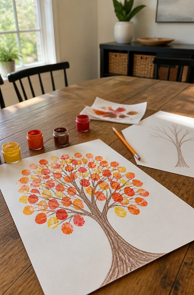 Fingerprint tree craft with colorful fingerprints on a dining table.
