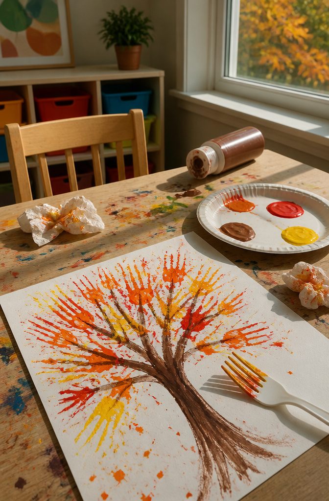 Fork printed tree craft on a table covered in paint splashes.