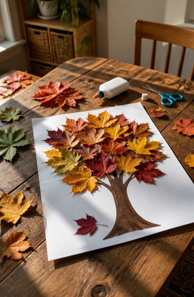 Crafted tree silhouette decorated with real leaves on a rustic table.