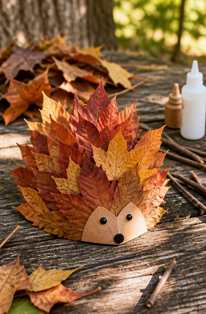 Hedgehog craft created with real leaves glued to paper.