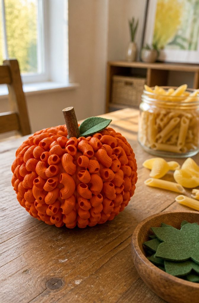 Pumpkin craft created with elbow macaroni and green felt leaves.