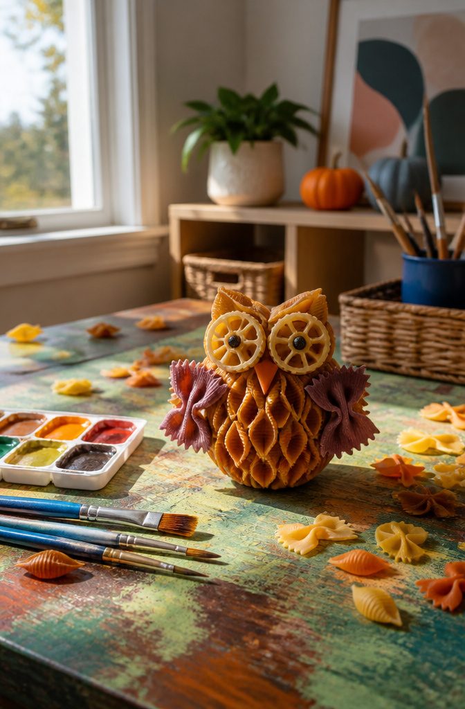 Pasta owl craft made from conchiglie, bowtie, and wheel pasta.