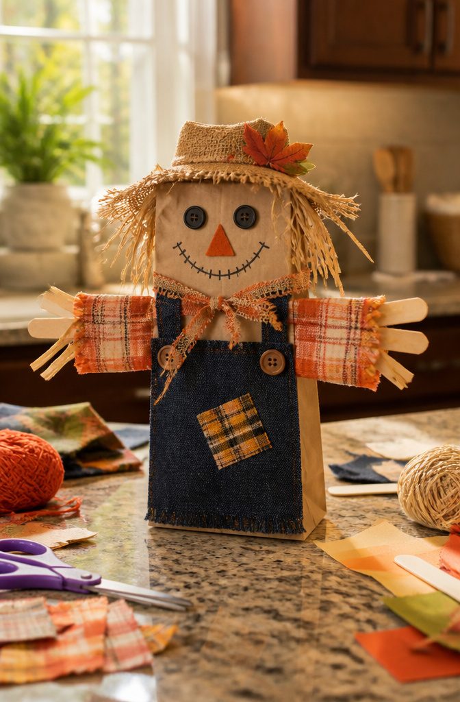 Scarecrow made from paper bags, tubes, and fabric scraps on a table.