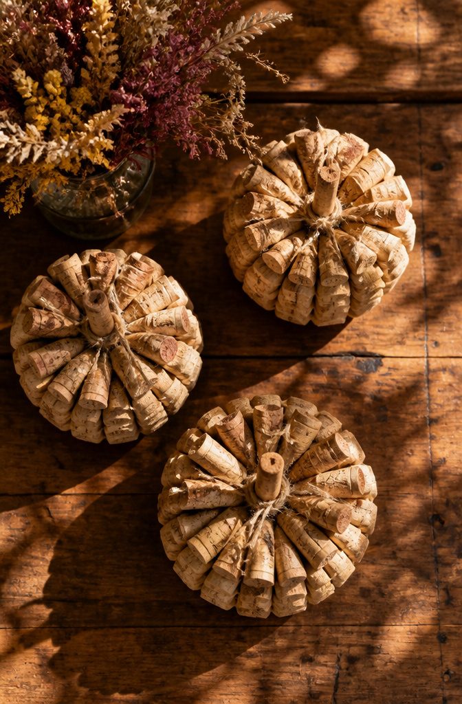 Pumpkins made from wine corks stacked vertically in a decorative arrangement.