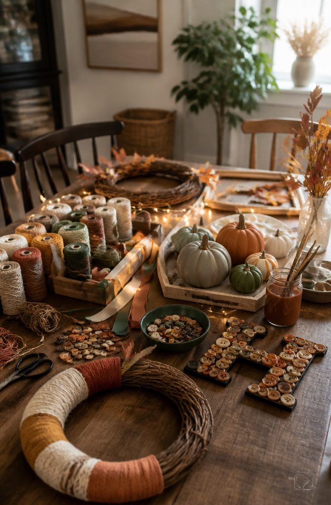 Organized crafting table with yarn, buttons, and fall-themed decorations.