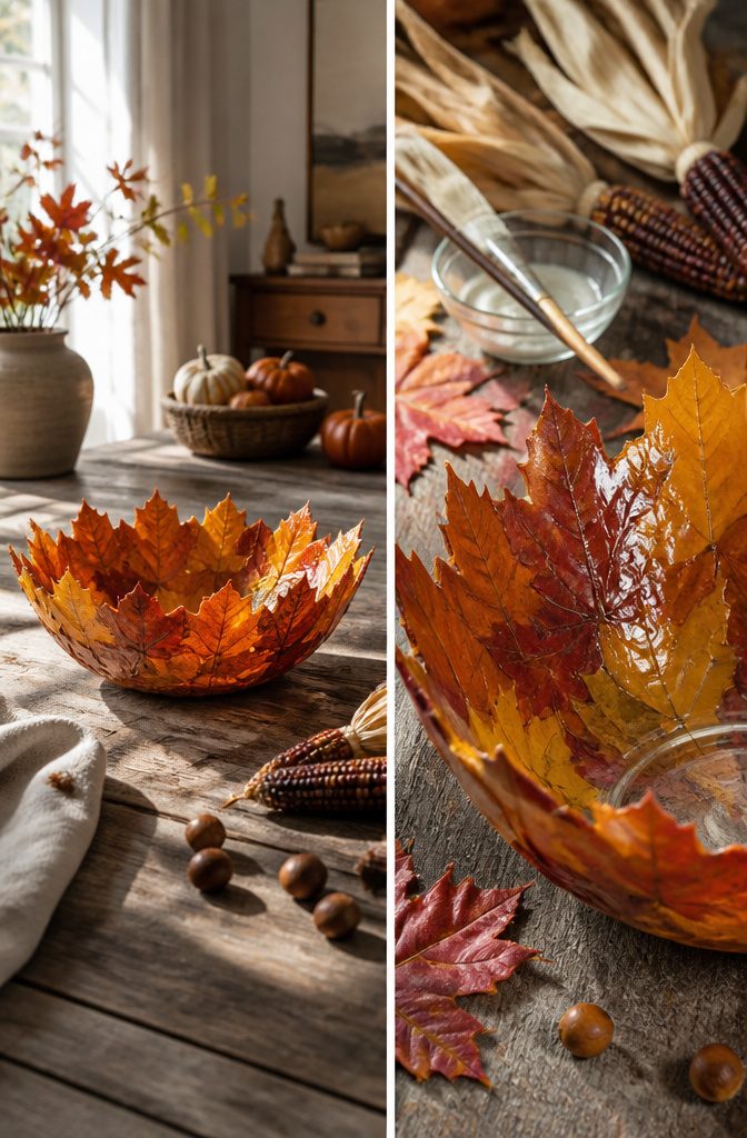 Bowl formed from artificial leaves arranged in a decorative shape.