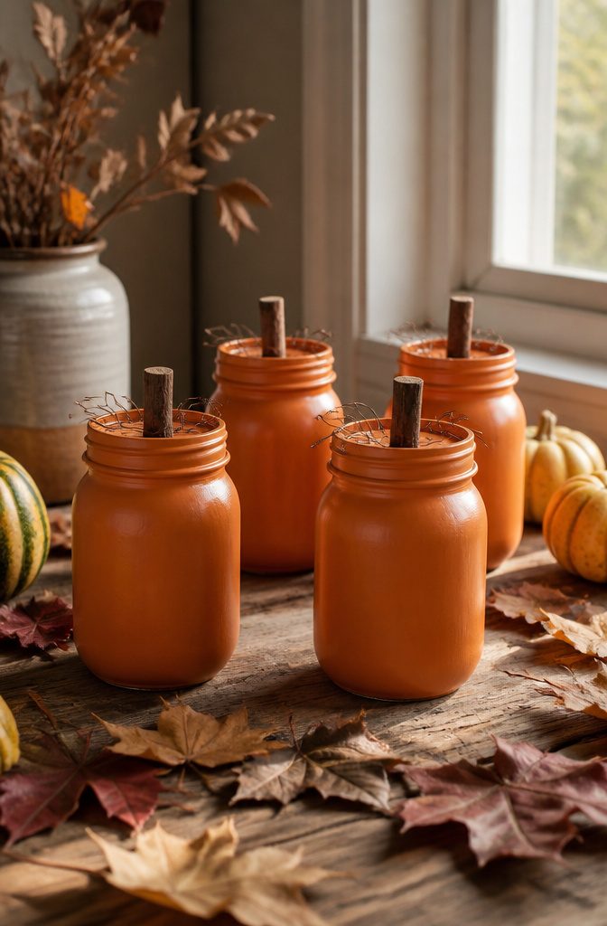 Pumpkin-shaped mason jars painted orange with cinnamon stick stems.