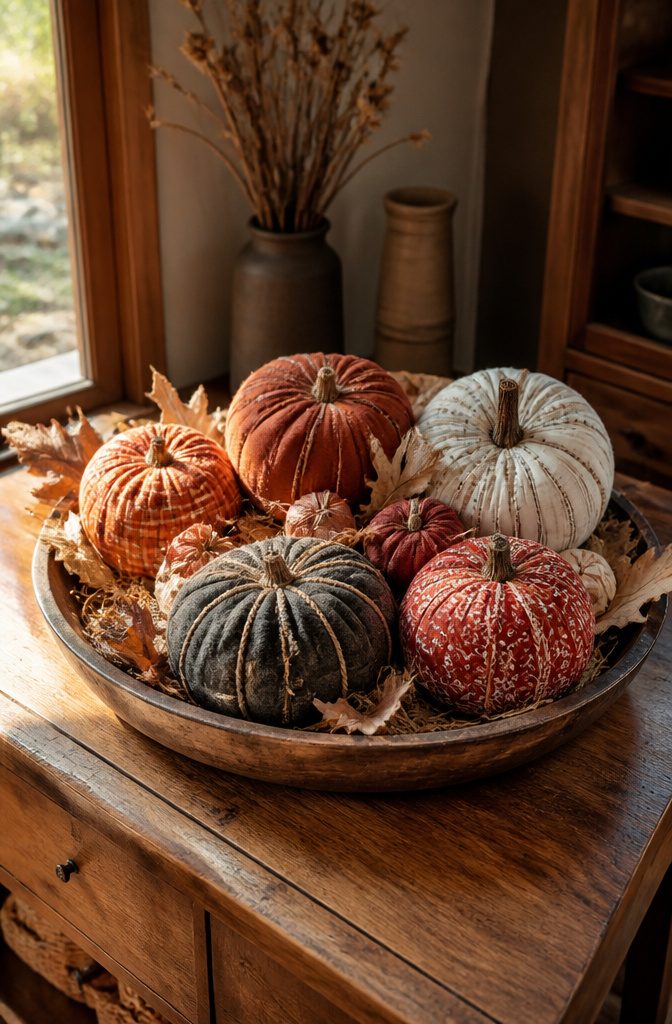 Fabric pumpkins made from flannel, velvet, and bandanas in various colors.
