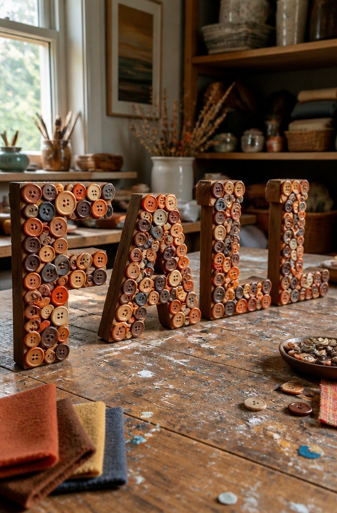 Wooden letters adorned with buttons in warm fall colors.