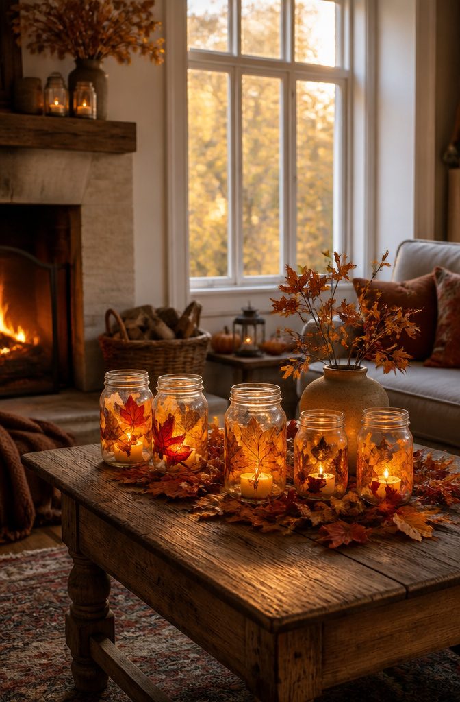 Glass jar luminary with a pressed maple leaf attached to the outside.