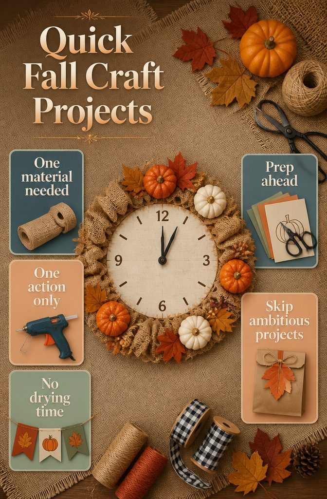Assorted quick fall craft projects displayed on a table.