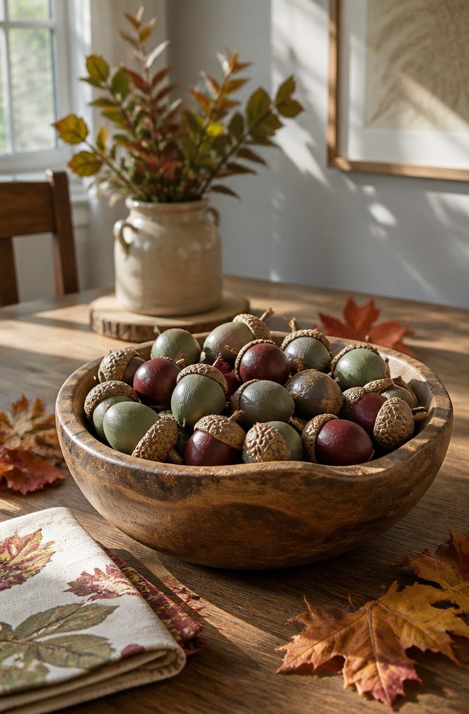 Wooden bowl filled with painted acorns in soft sage, burgundy, and gray.