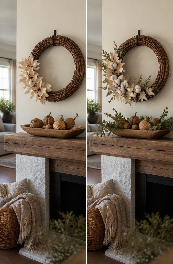 Grapevine wreath with ivory leaves and dried gourds as seasonal decor.