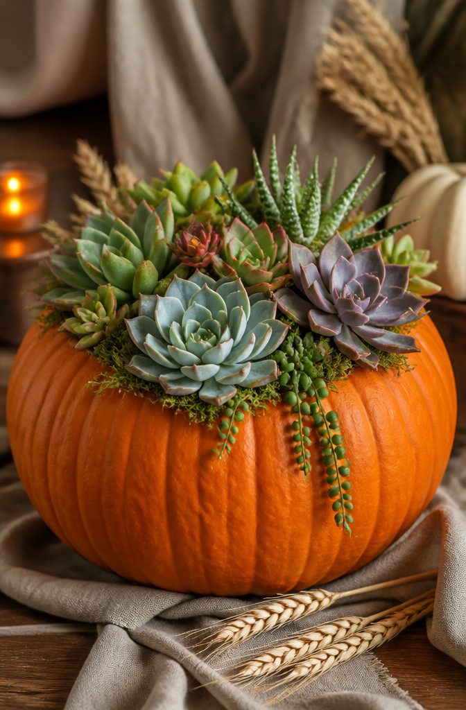 Pumpkins topped with live succulents arranged for a decorative display.