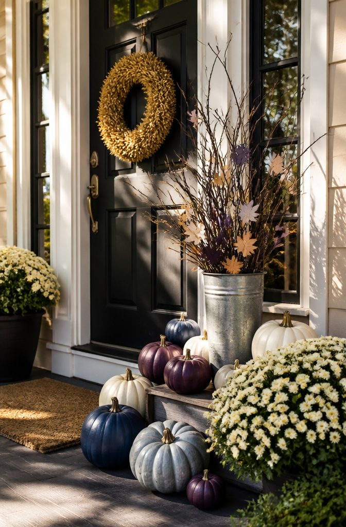 Painted pumpkins and cream mums against a black door with a gold wreath.