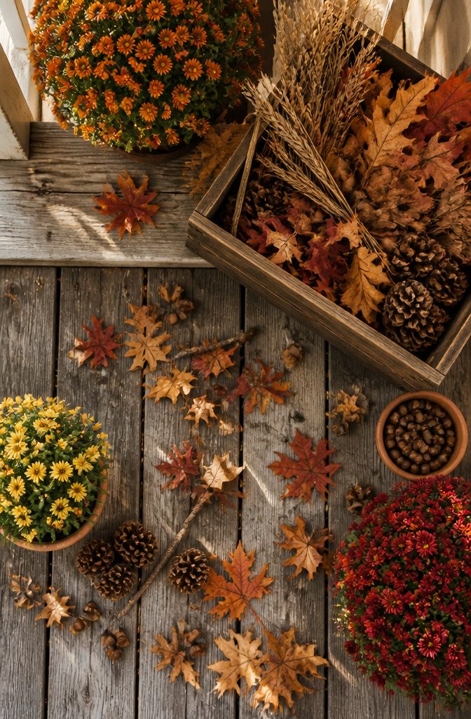 A collection of branches, pinecones, and acorns on a porch.