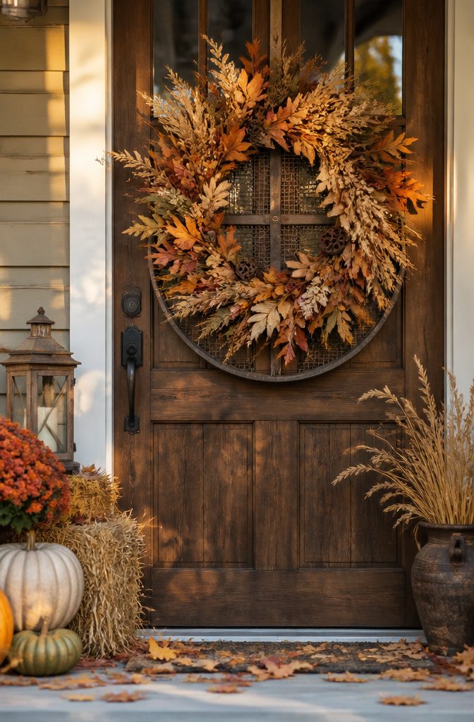 A fall wreath made from dried grasses and faux foliage on a door.