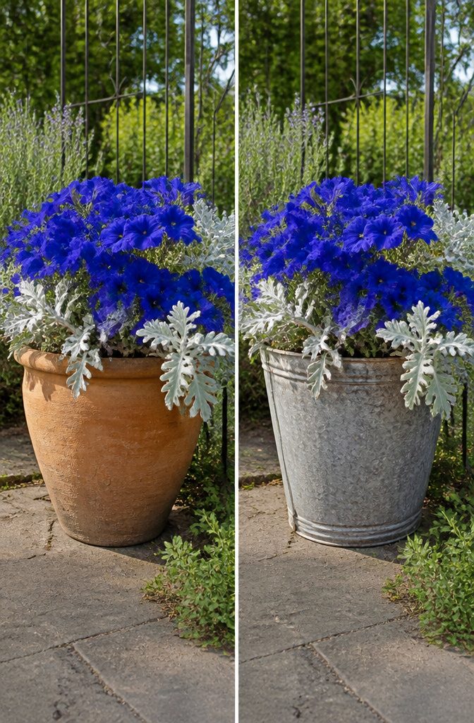 A pot featuring sapphire blue petunias and dusty miller leaves.
