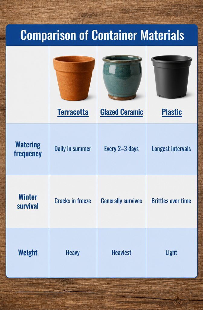 A comparison of different container materials used for gardening.