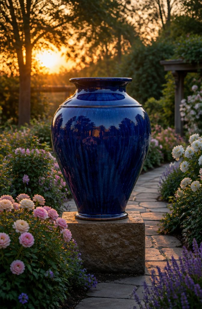 A large urn positioned along a garden path for visual interest.