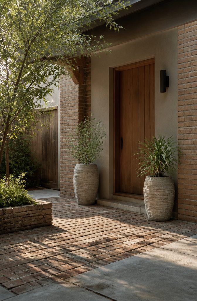 Two matching pots flanking a door on a small patio.