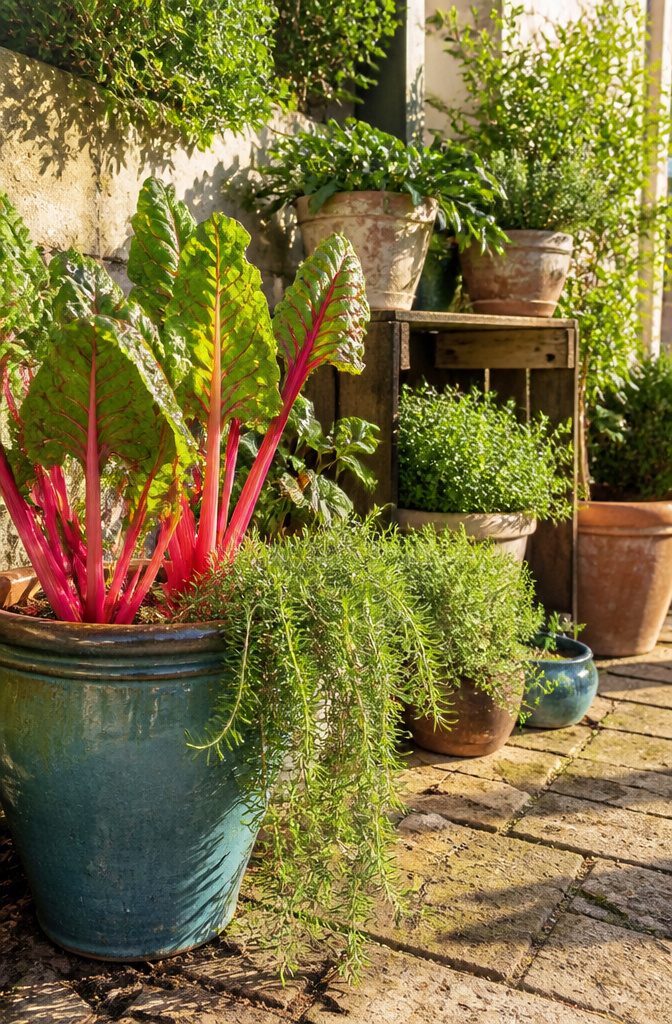 A pot overflowing with Swiss chard surrounded by rosemary and thyme.