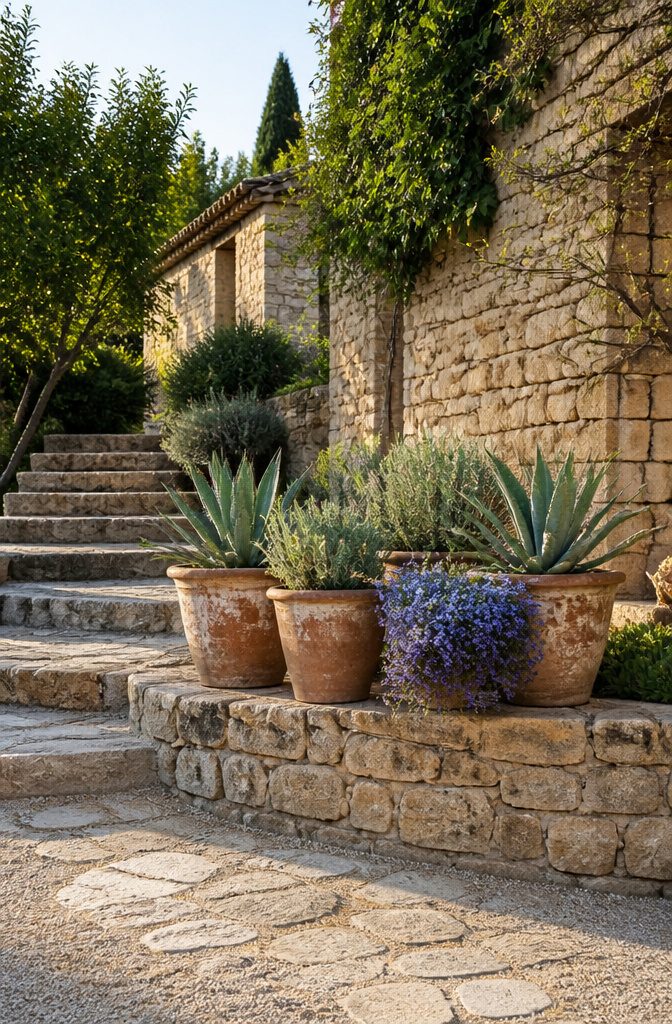 Three matching terra-cotta pots with agaves arranged on a step.