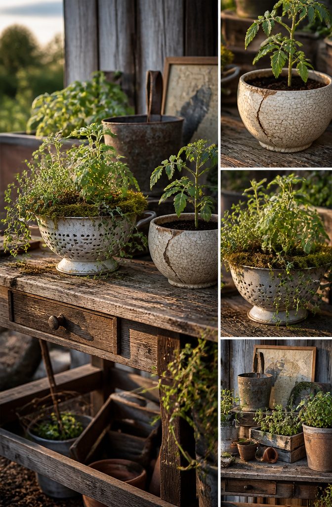 An old colander used as a herb pot with gravel and plants.