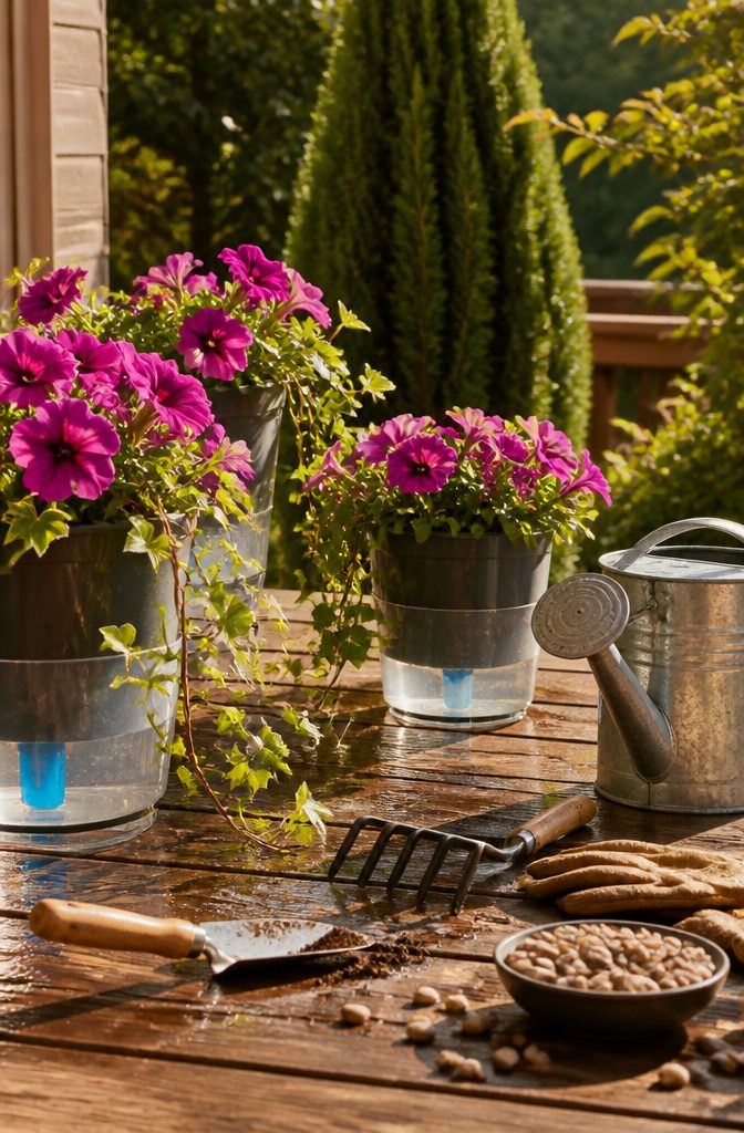 Self-watering pots filled with petunias and ivies on a patio.