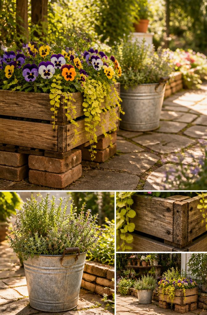 A galvanized bucket used as a planter with soil and plants inside.