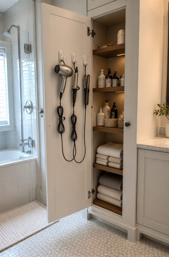 Command hooks attached to a cabinet door holding hair tools.
