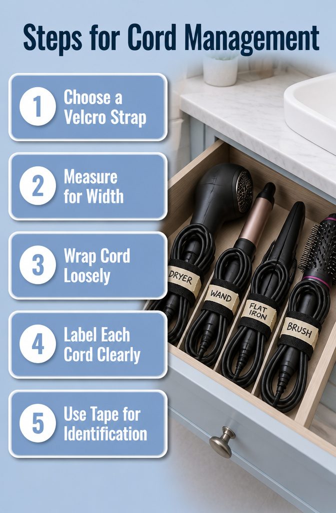 A visual guide outlining steps for managing hair tool cords without tangles.