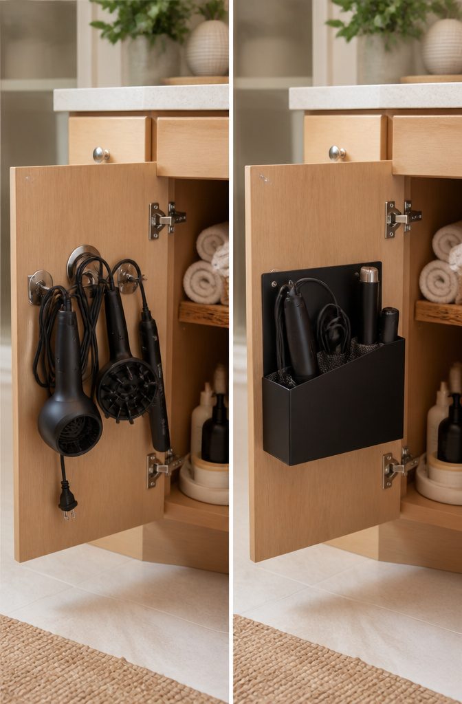 A collection of DIY and repurposed storage ideas for hair tools.