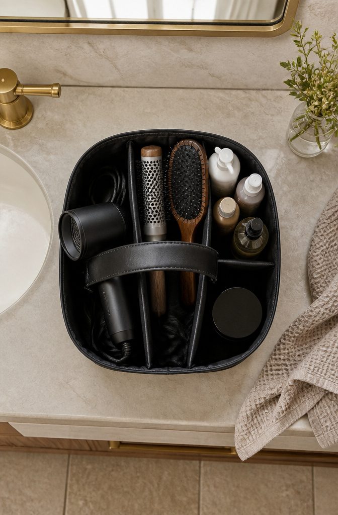 A portable caddy with compartments for hair tools and products.