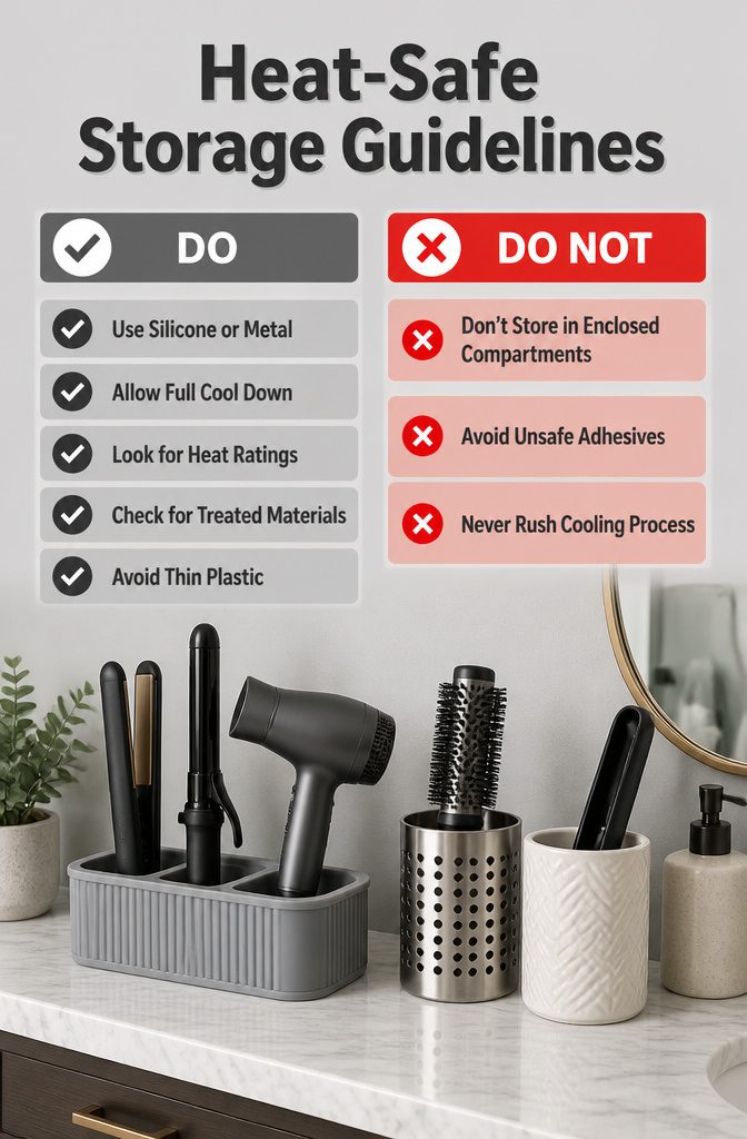 An informational image detailing heat-safe storage materials for hair tools.