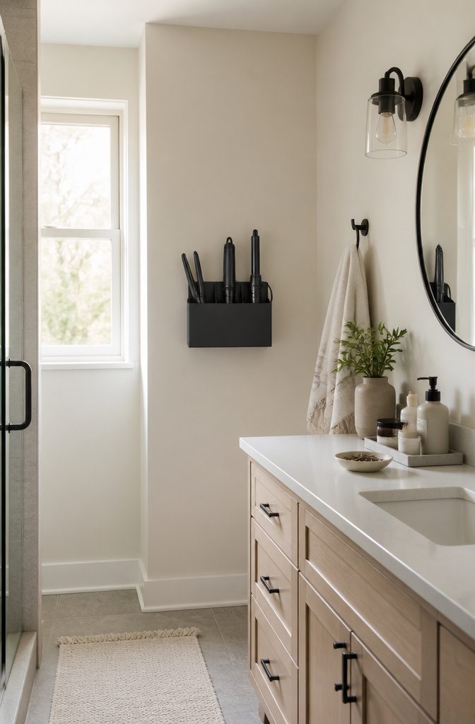 A magazine holder storing hair styling tools in an upright position.