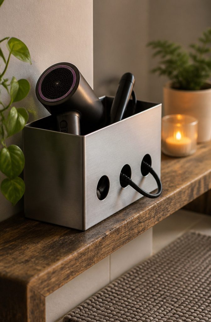 A metal file box on a shelf with hair styling tools and cords inside.