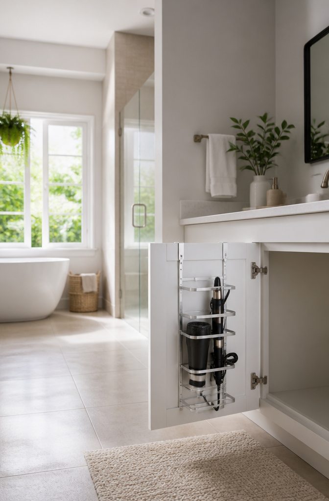 A metal organizer over a cabinet door holding a hair dryer and cords.