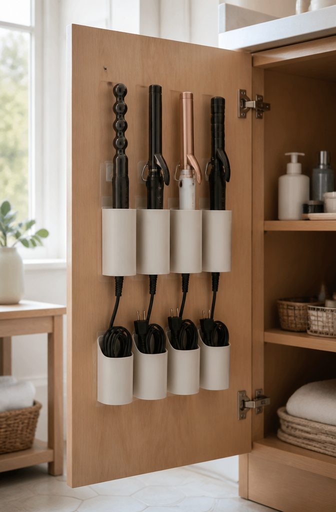 Several PVC pipes mounted on a cabinet door holding curling irons.