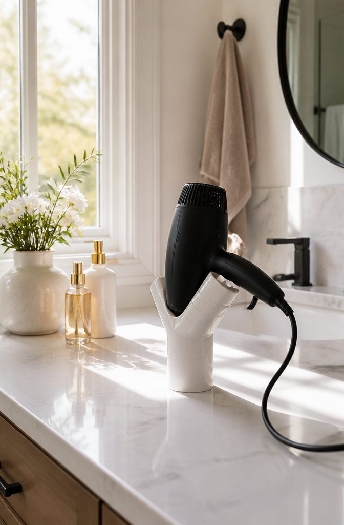 A white PVC pipe hair dryer stand holding a black hair dryer on a marble counter.