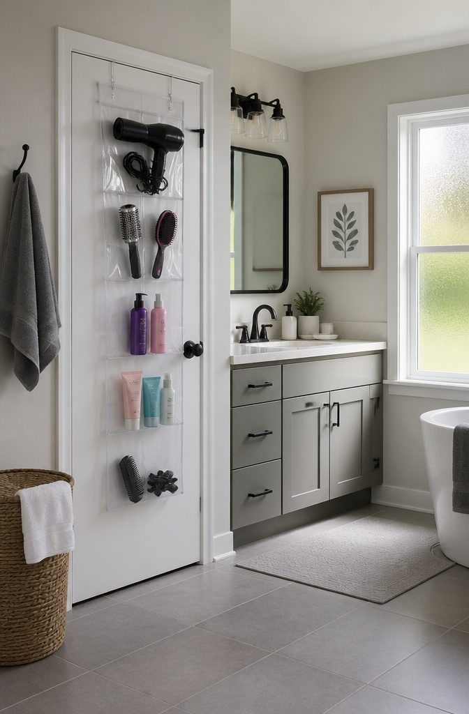 A shoe organizer hanging on a bathroom door with various hair tools inside.