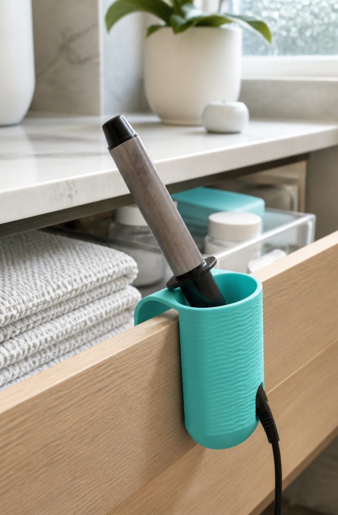 A silicone holder with a curling wand placed inside, showing its grip.