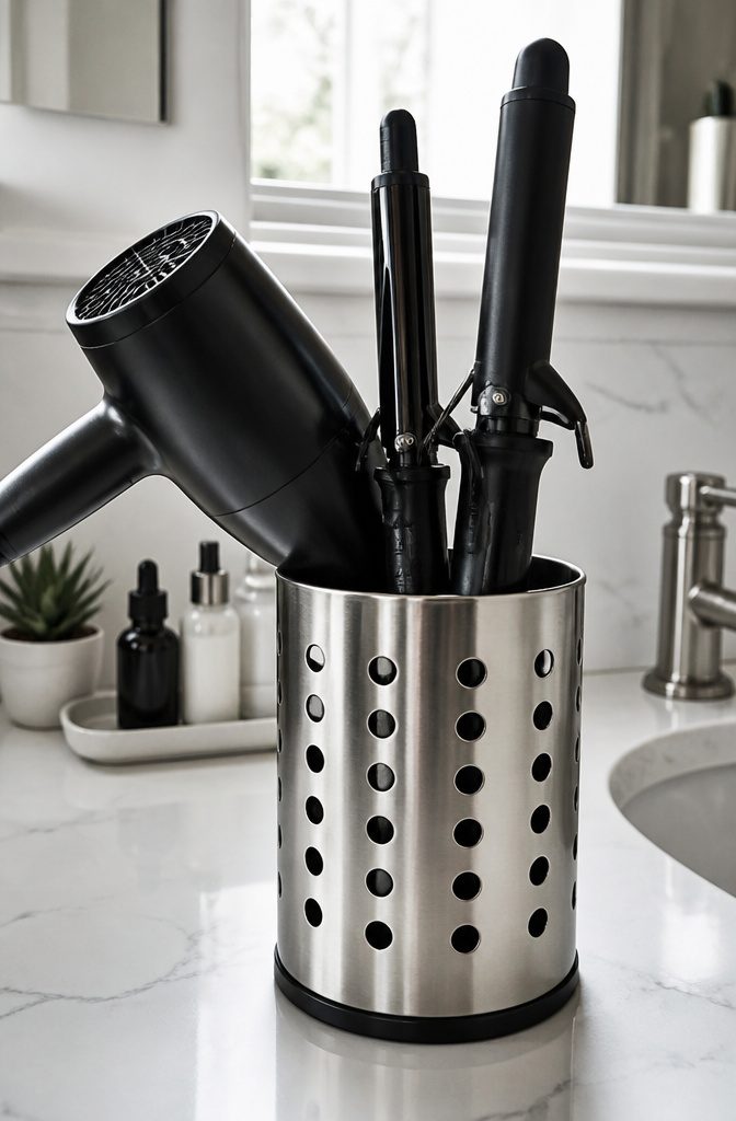 A stainless steel utensil holder on a counter holding hair styling tools.