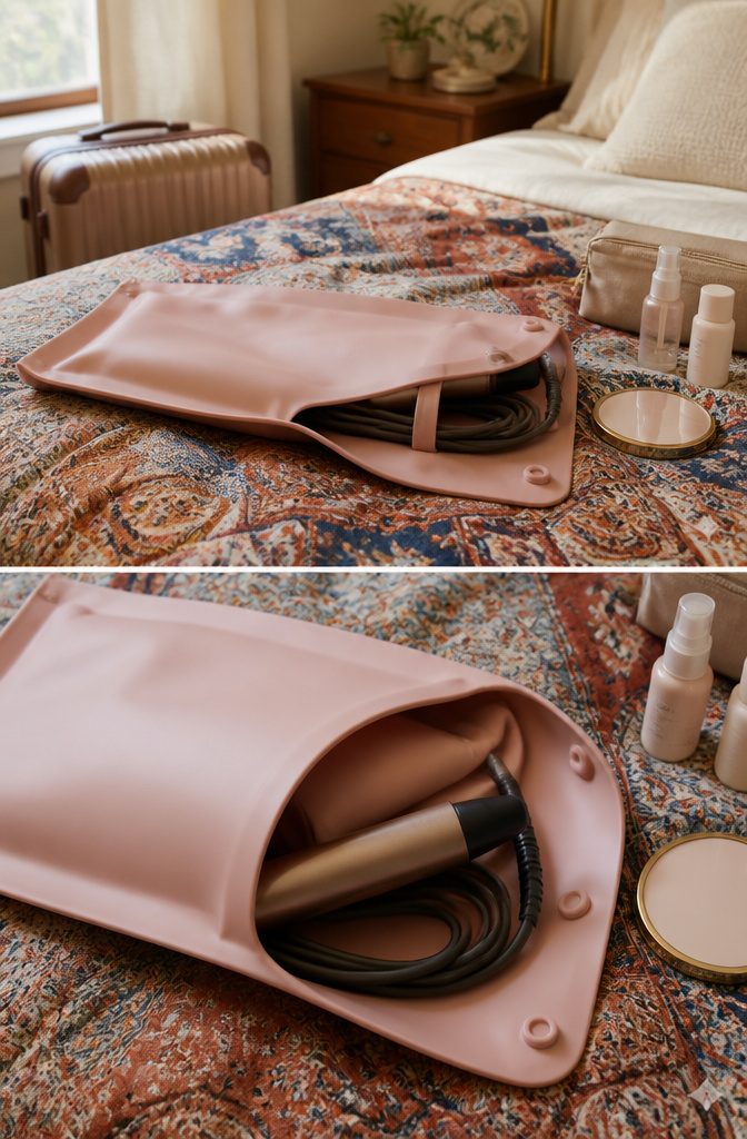 A heat-resistant pouch designed for safely storing hair styling tools.
