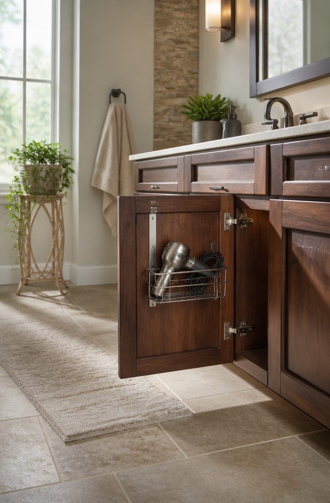 An over-cabinet-door basket used for hair dryer storage in a small bathroom.