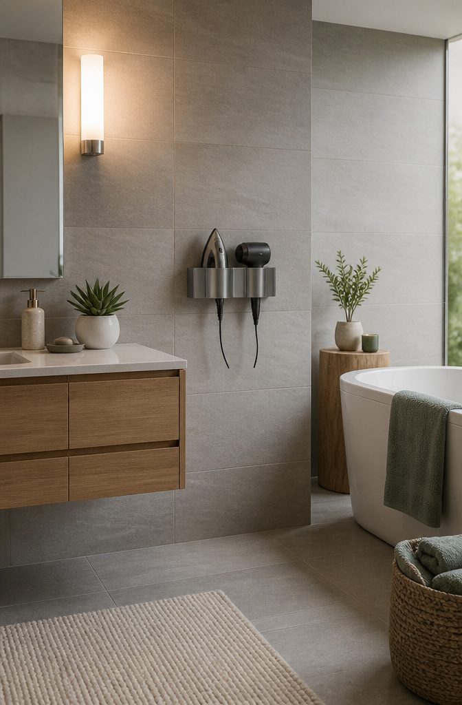 A wall-mounted holder with designated slots for a hair dryer and iron.