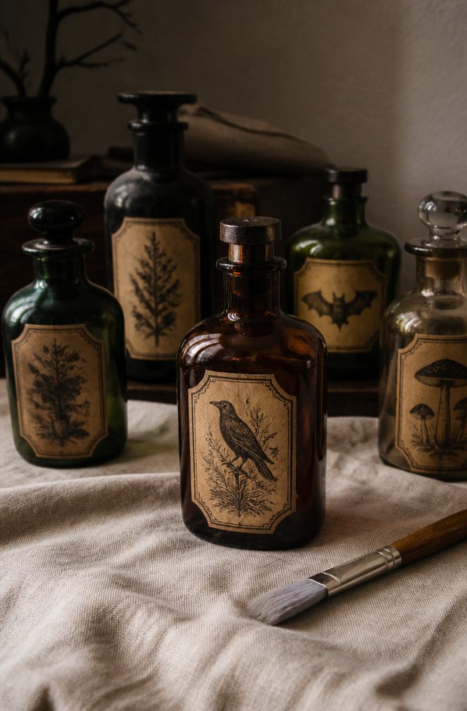 Potion bottles with detailed labels resting on a textured linen backdrop.