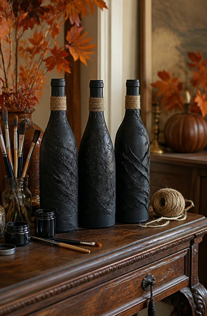 Three painted wine bottles with twine on an antique side table.
